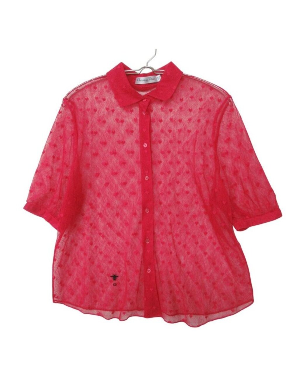 Dior Short Sleeve Shirt Blouse Mesh Sheer Heart Embroidery Bee Logo Top Pink